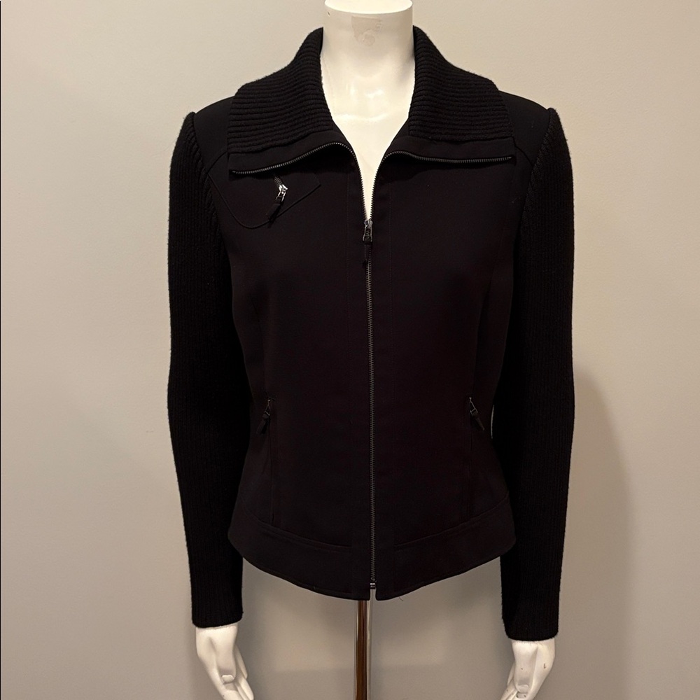 Tahari Black Knit and Solid Full Front Zipper Bomber Jacket Size 14P 14 Petite